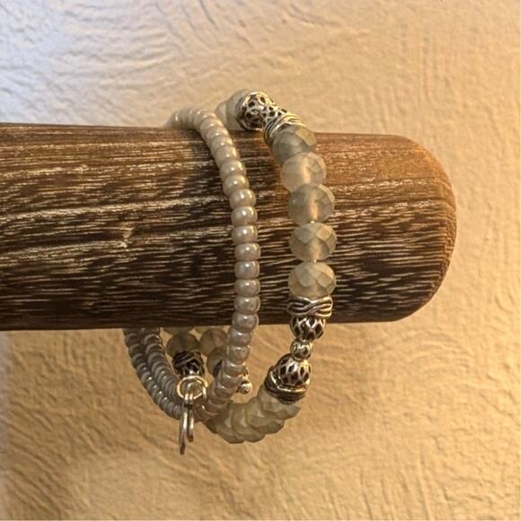 Two Alex & Ani Vintage 66 Smoky Gray & Silver Bead Wire Bangle Bracelets - Picture 1 of 4